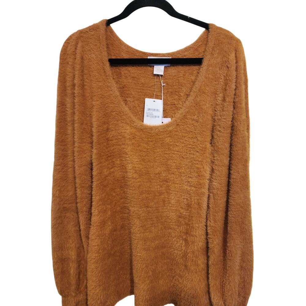 Rachel Parcell Sweater Large NWT Balloon Sleeve Fuzzy Teddy Bear Tan